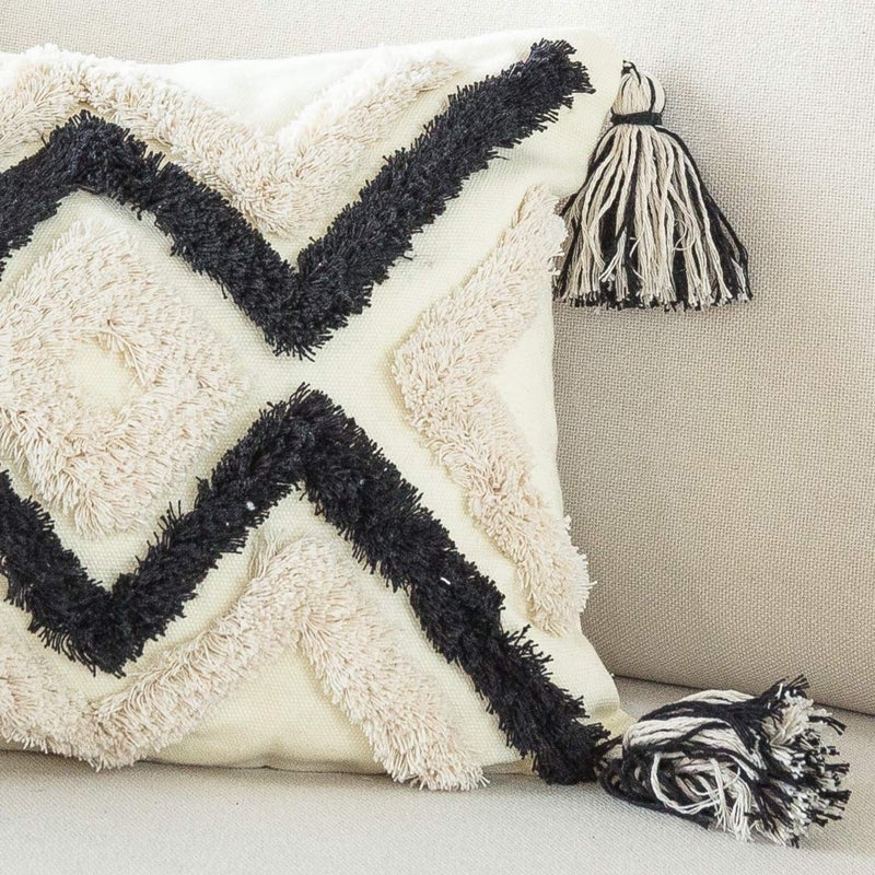 Snugtown Woven Tufted Boho Lumbar Throw Pillow Cover, Modern Decorative Geometric Chevron Cushion with Tassels, Farmhouse Tribal Pillowcase for Couch Sofa Bedroom Living Room, 12 x 20 Inches, Black, Ivory - Image 2
